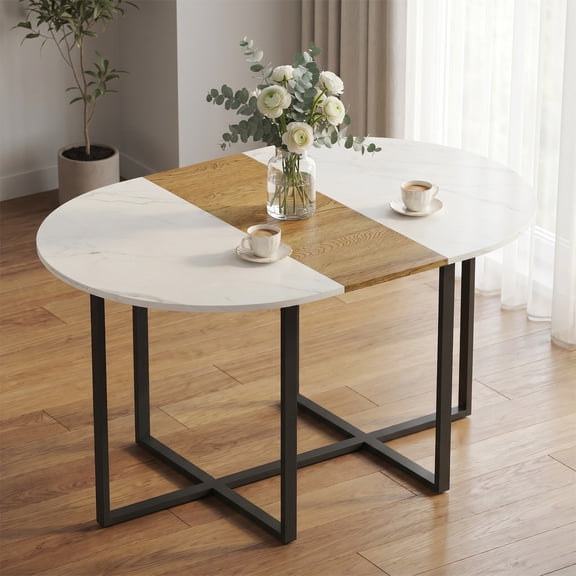 59" Modern Oval MDF Dining Table with White Faux Marble & Wood Grain Tabletop and Black Metal Frame, for Kitchen, Dining Room
