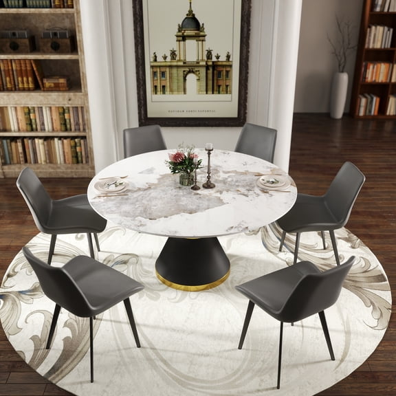 59" Modern Round Dining Table for 4-6 People,Sintered Stone Tabletop With Carbon Steel Pedestal Base for Kitchen