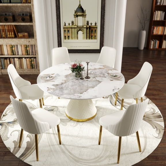 59" Modern Round Dining Table for 4-6 People,Sintered Stone Tabletop With Carbon Steel Pedestal Base for Kitchen