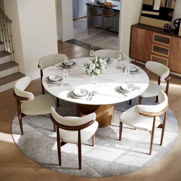 POVISON-59" Modern Round Dining Table for 6, White Glossy Sintered Stone Tabletop, Bronze Carbon Steel Pedestal