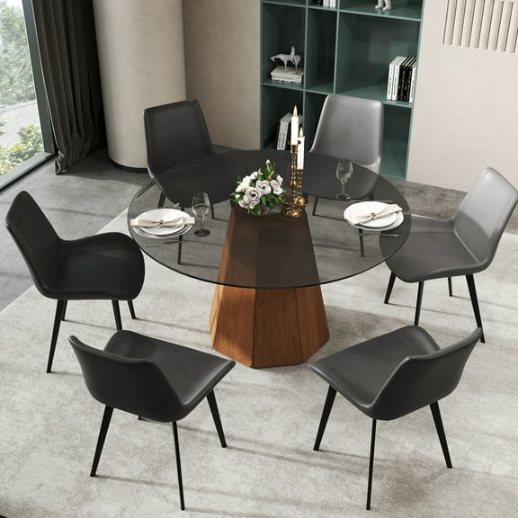 59" Modern Round Dining Table w Black Base, Tempered Glass Round Kitchen Table for 6-8, Table Only
