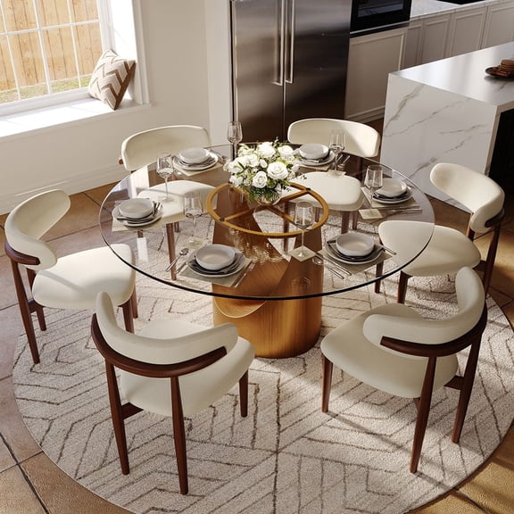 POVISON-59" Modern Round Glass Dining Table for 6, Clear Glass Table for Kitchen, Bronze Carbon Steel Pedestal