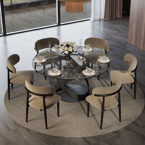 POVISON-59"Modern Round Glass Dining Table for 6, Gray Tempered Glass Circle Dining Room Table for Kitchen, Glass Kitchen Table, Black X Carbon Steel Base