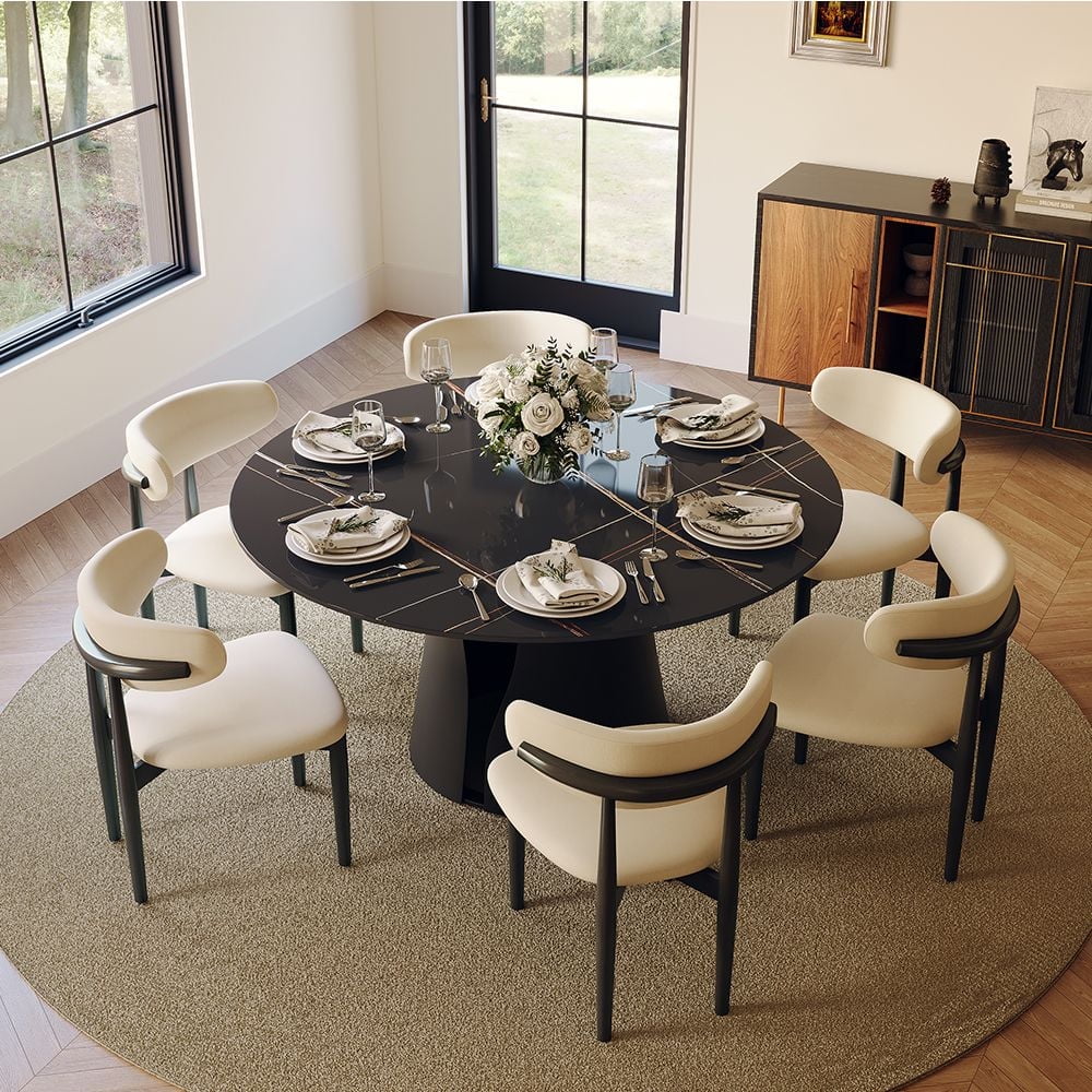 POVISON-59"Modern Round Kitchen Dining Table for 6, Glossy Black ...