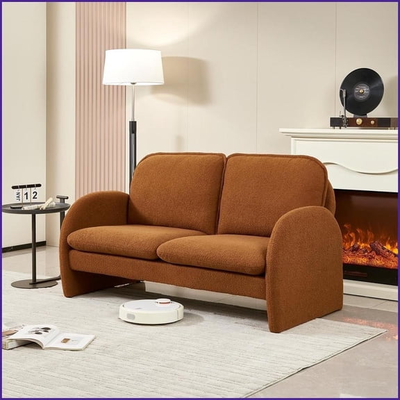 59" Modern Sherpa Loveseat 2-Seat Small Couch for Apartment/Bedroom with Solid Wood Frame & Toss Pillows | Sherpa | Wood | Cushion Back