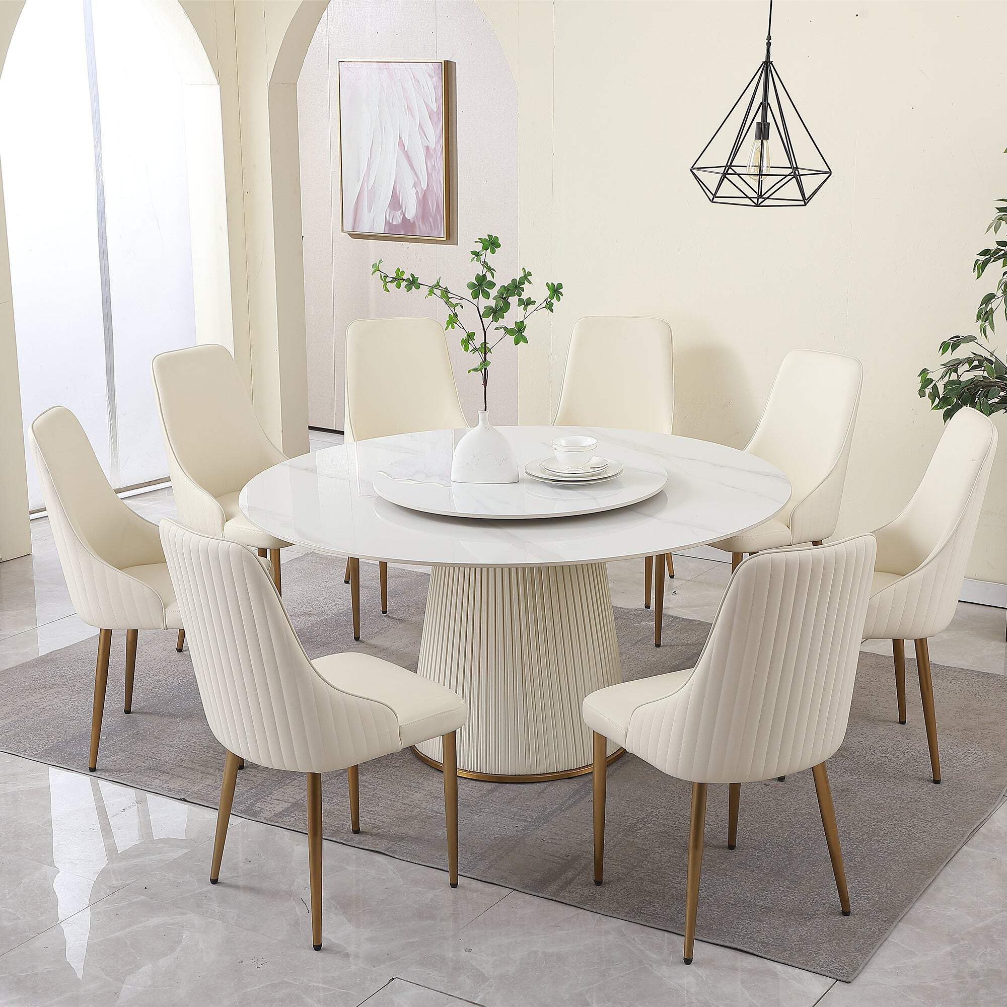 59"Modern Sintered Stone Dining Table With 31.5" Round Turntable With ...