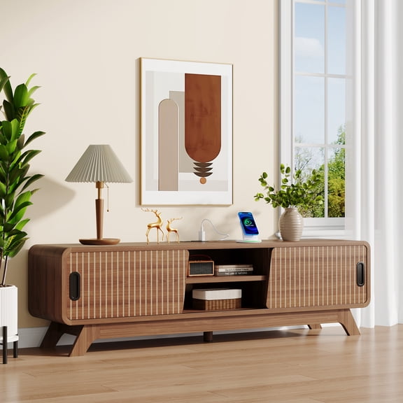 59" Modern TV Stand for 55/60/65 Inch TV, Entertainment Center with Sliding Doors, Storage Cabinet with Adjustable Shelves & Power Outlets, Media Console Table for Living Room Bedroom