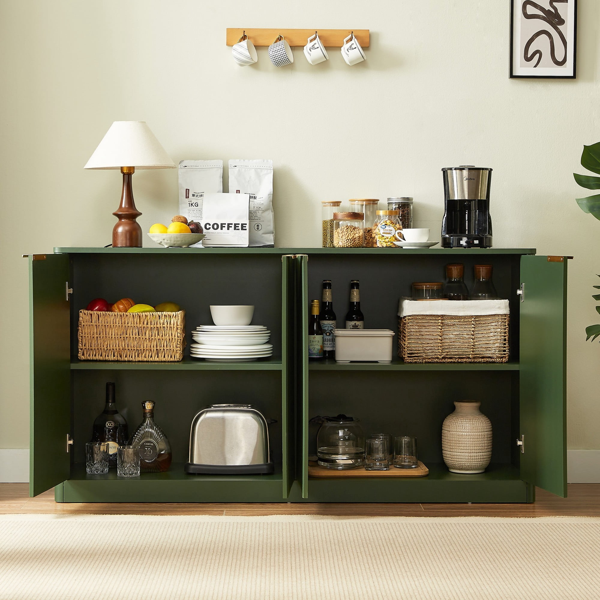 59" Modern Wavy Sideboard Cabinet, Curved 4-Door Storage Cabinet, TV Stand Buffet Cabinet for Living Room Bedroom Kitchen, Green