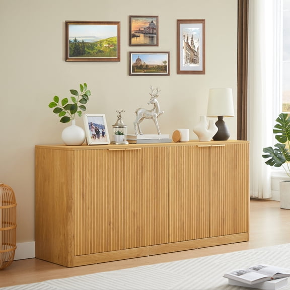 59'' Modern Wavy Sideboard,Curved Contour Storage Cabinet with Hidden Compartments,6 Door Wooden TV Cabinet,Multi Functional Coffee Table with Rounded Edge,for Kitchen,Living Room,Natural