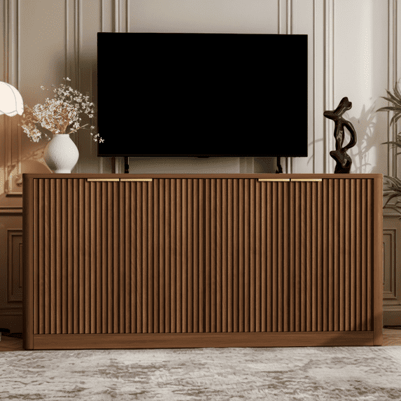 59" Modern Wavy Sideboard, Curved Storage Cabinet with 4 Doors, Multi-Functional TV Stand for Living Room, Kitchen, Entryway, Walnut