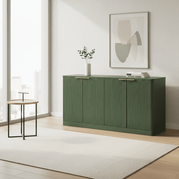 59" Modern Wavy Sideboard Storage Cabinet - Green Curved Contour 4-Door Buffet Console for Kitchen, Dining, or Living Room