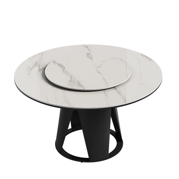 59" Modern White Sintered Stone Dining Table with Round Turntable for 8 Person, Exquisite Metal Base