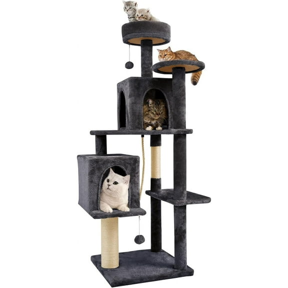 59" Multi-Level Cat Tree Cat Tower for Indoor Cats, Tall Plush Rest Area with Spacious Cat Condos, Scratching Posts with Hanging Toy, Cat Furniture with House for Rest & Fun