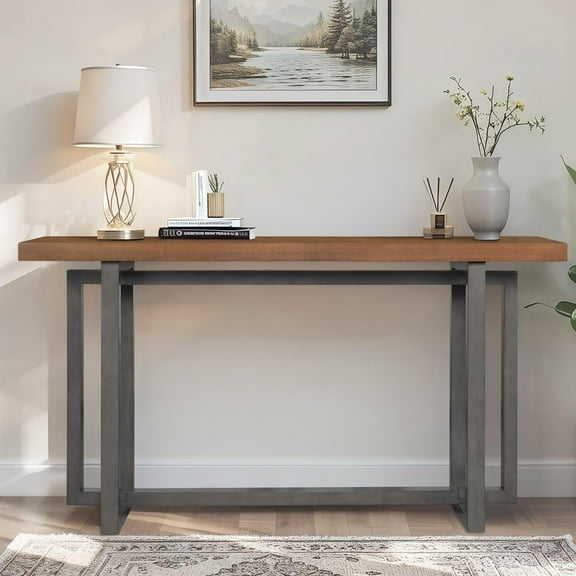 59" Narrow Console Table - MDF Entryway Sofa Table for Hallway, Living Room, Foyer with Space-Saving Design,Gray + Walnut