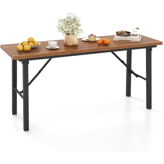 59" Narrow Outdoor Dining Table for 4-6, No Assembly Foldable Patio Dining Table with Acacia Wood Top & Heavy Duty Metal Frame, Portable Table for Yard, Garden, Poolside or Indoor (Natural)