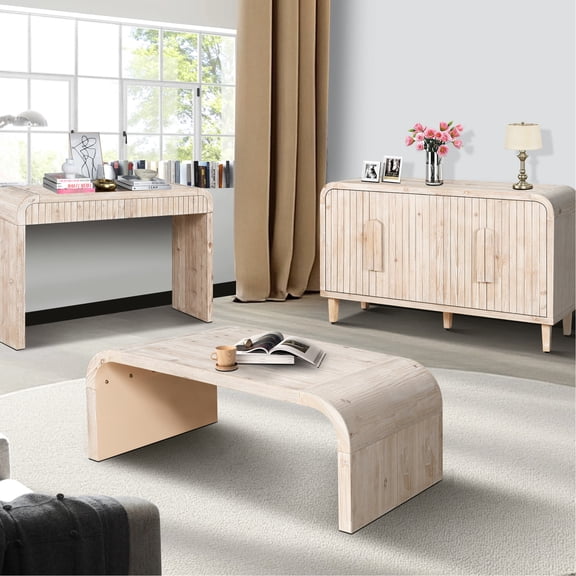 59'' Natural Wood Wash Side Table for Living Room / Three - Dimensional Drawers for Storage
