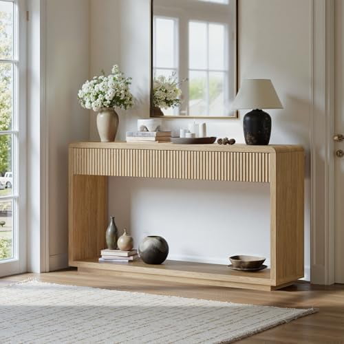 59'' Oak Entryway Table with Drawers, Boho Fluted Console Table, Sofa Table with Storage for Living Room, Entrance, Hallway$$Furniture