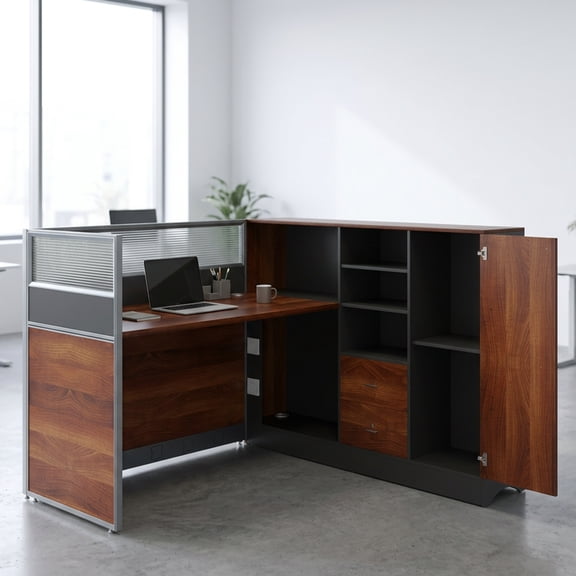59" Office Cubicle Desk Workstation with Storage Cabinet & Cable Grommets for 1 Person Walnut