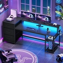 59" Office Desk with Drawers, Reversible Computer Desk with File Drawers & Storage, Gaming Desk with LED Lights & Power Outlet, Home Office Desks for Printer, Black