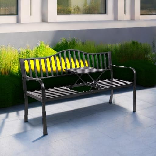 59" Outdoor Metal Bench Patio Bench with Built in Table Park Bench ...