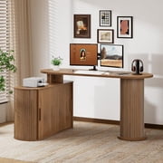 59" Oval L Shaped Computer Desk, Home Office Desk with Storage Cabinet