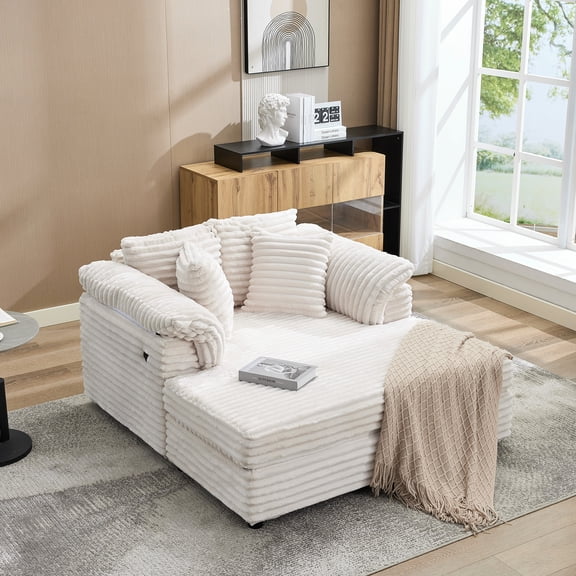 59" Oversized Chaise Lounge Chair Indoor, Comfy Corduroy Cloud Sleeper Couch with USB & Type-C Ports, Deep Seat Big Sofa Recliner Bed with Throw Pillows & Armrests for Living Room, Bedroom