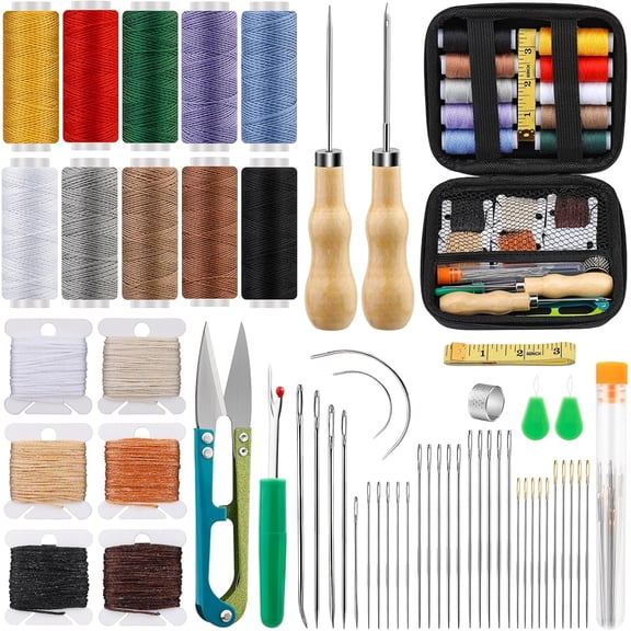 59 Pcs Leather Sewing Kit Upholstery Needle for Hand Sewing, Heavy Duty Sewing Kit with Upholstery Waxed Thread Stitching Needles, Needle and Thread Kit for Carseat Backpack Carpet Shoes Sofa