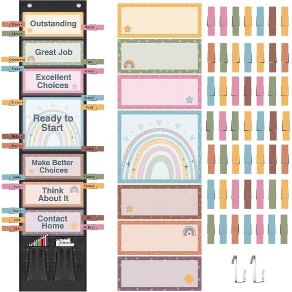 59 Pcs Student Behavior Clip Chart for Classroom Management Kids Track Reward Incentive Behavior Pocket Chart Boho Bulletin Board Teacher Supplies for School Office(Classic)