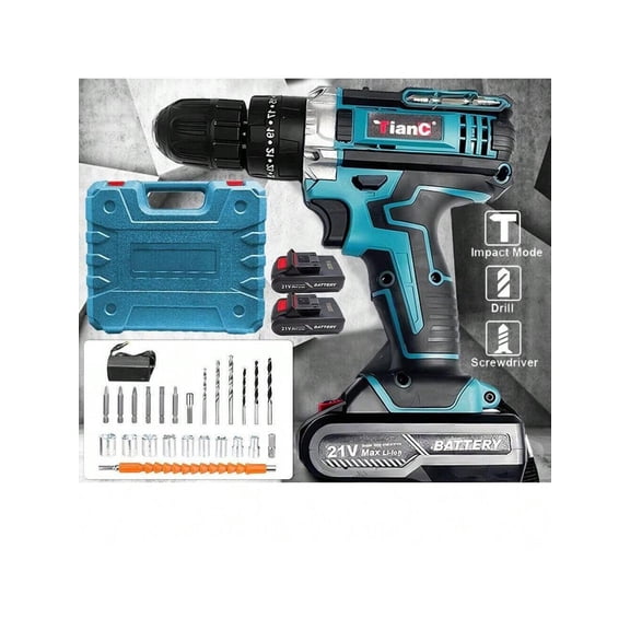59-Piece 21V Cordless Drill Set - 3/8 Inch Keyless Chuck, 25-Position 3-Clutch Electric Drill With Work Light, 45Nm Max Torque, 2-Variable Speed, 2 Batteries And Fast Charger