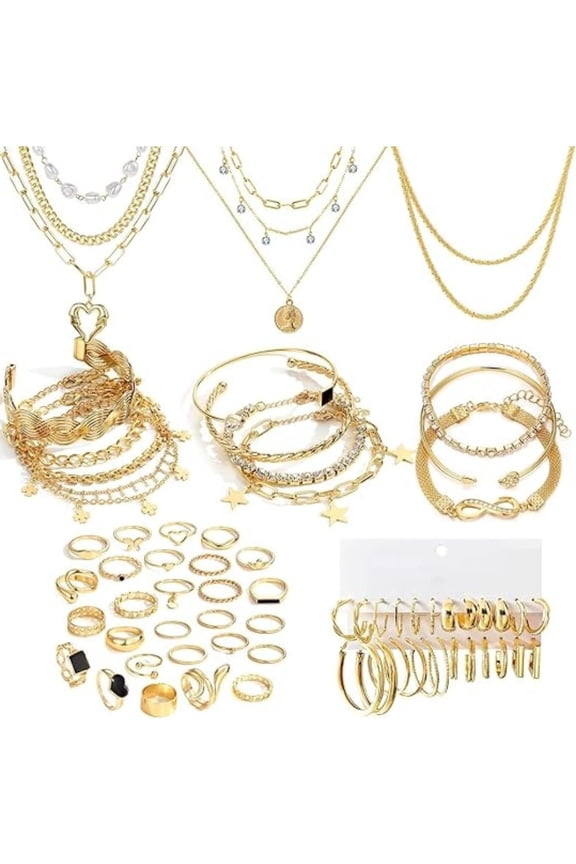 59-Piece Sparkling Jewelry Set, Luxury Gold Plated Nickel-Free Set with 8 Necklaces & 12 Bracelets, Perfect Women's Gift for Birthday, Christmas, Valentine's Day
