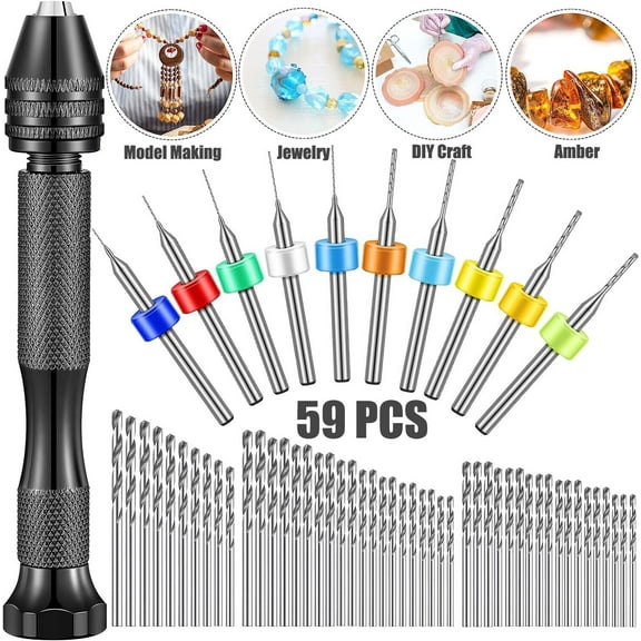 59 Pieces Hand Drill Bits Set Include 49 Pcs Metal Pin Vise Hand Drill Micro Mini Twist Drill Bits and 10 Pcs Tungsten Carbide PCB Rotary Tools for Resin Polymer Wood Craft DIY Jewelry Making Carving