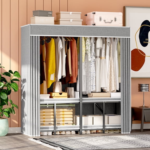 59" Portable Wardrobe Closet with Cover, 95% Pre-Assembled Heavy Duty Clothes Rack, Gray
