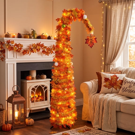59" Pre-Lit Halloween Tree with Ornament Holder LEDs & Web – Collapsible Curved Pencil Artificial Spooky Decor with 150 LED Lights, Indoor Use for Home, Party