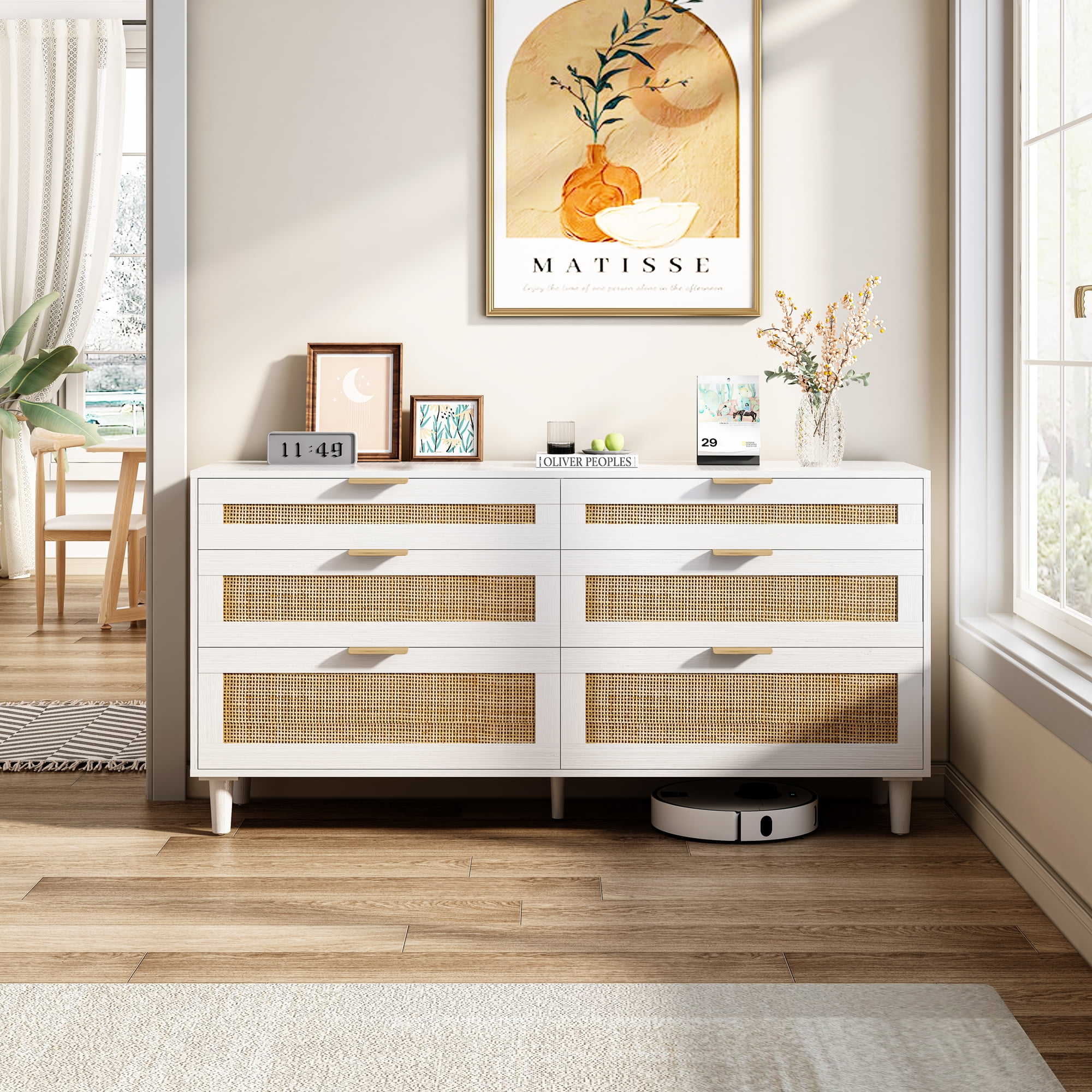 59" Rattan Dresser with Drawers, Clothes Storage Cabinet, 6 Drawer Dresser  with Metal Handle&Wood Legs for Hallway, Living Room, Bedroom, White -  Walmart.com