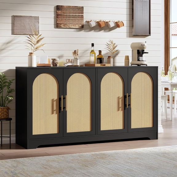 59" Rattan Sideboard Buffet Cabinet - Large Storage Cabinet with 4 Doors, Modern Console Table Accent Coffee Bar Cabinet for Living Room, Kitchen, Hallway, Dining Room, Black
