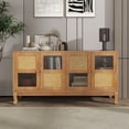 thumbnail image 1 of 59'' Retro 4-Door Sideboard with Rattan Doors and Transparent Glass, Buffet Cabinet for Entryway Dining Room Kitchen Living Room, Brown, 1 of 9