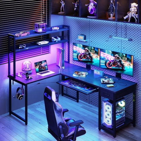 Casacomoda 59" L Shaped Gaming Desk with LED Light & Power Outlets, Computer Desk with Keyboard Tray & Shelves, Corner Desk with Drawer, Reversible Office Desk, Black
