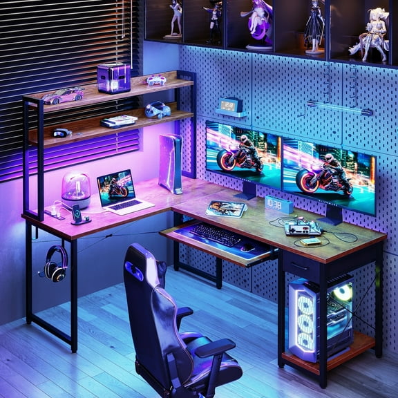 59" Reversible L-Shaped Gaming Desk with Power Outlets & LED Lights, Office Desk with Storage Drawer & Keyboard Tray for Home Office, Corner Computer Desk with Hutch, Vintage