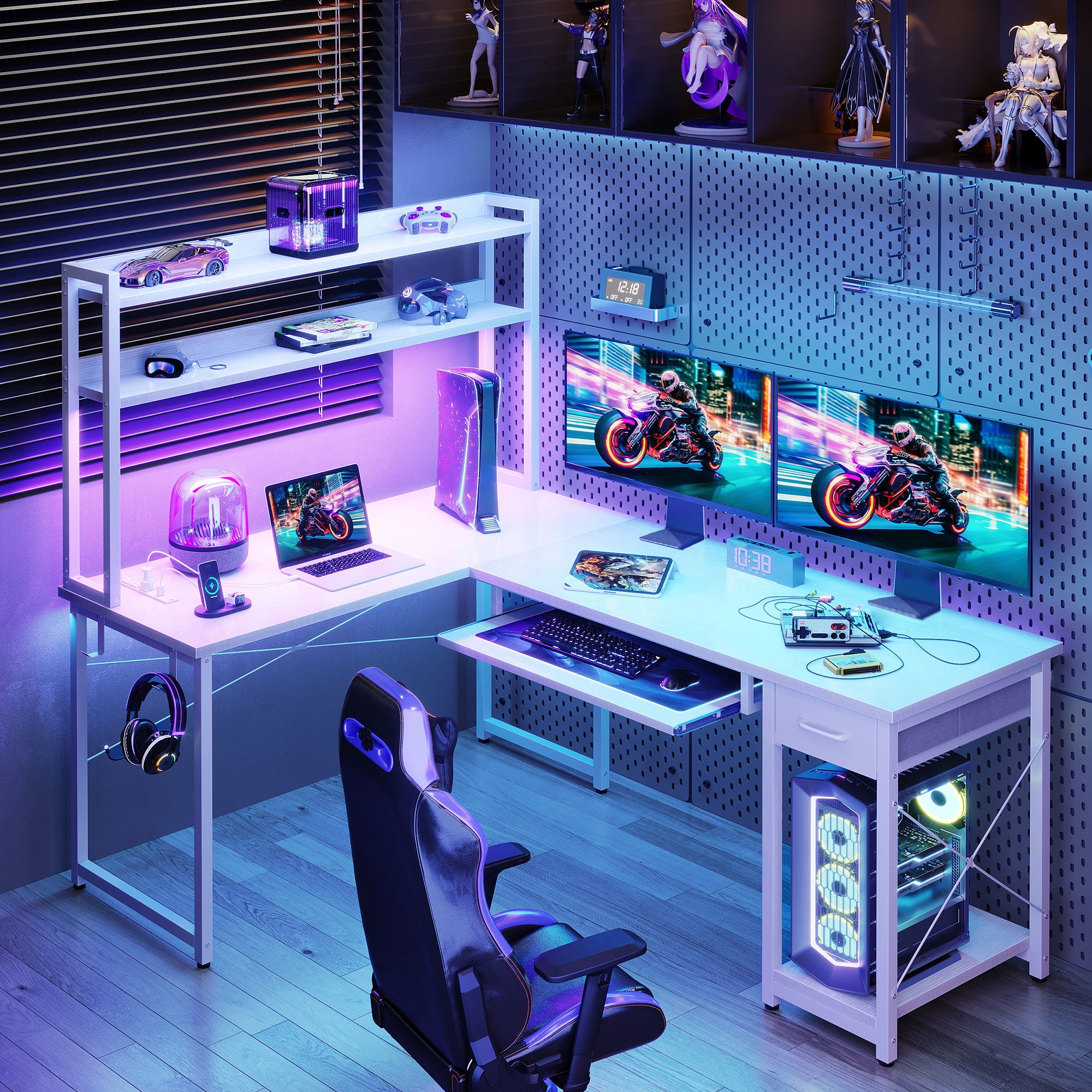 Walmart Black Friday Deals 2025 59" Reversible L-Shaped Gaming Desk with Power Outlets & LED Lights, Office Desk with Storage Drawer & Keyboard Tray for Home Office, Corner Computer Desk with Hutch, White