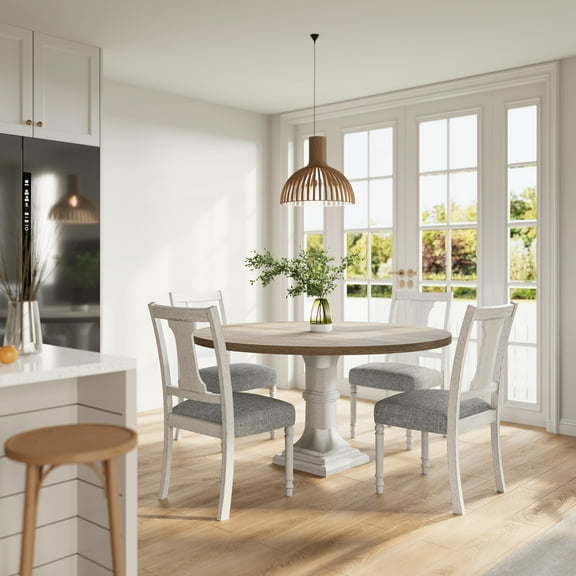 59" Round Dining Table In White And Gray - 4 Modern Seat Choices 5 Style