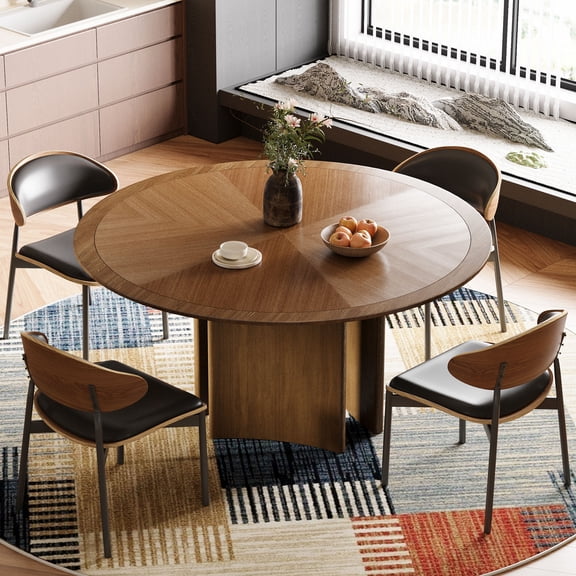 59" Round Dining Table, Seats 6-8, Modern Parquet Wood Veneer Tabletop with Sturdy Wooden Base, Kitchen, Dining Room, or Breakfast Nook Furniture