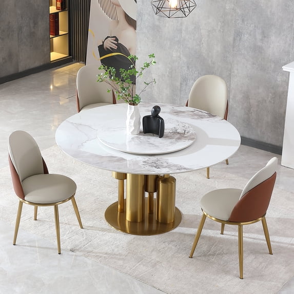 59" Round Dining Table Set with 4pcs Orange Chairs, Sintered Stone Kitchen Table with 360° Rotating Lazy Susan, Modern Circular Dining Room Furniture for Small Spaces