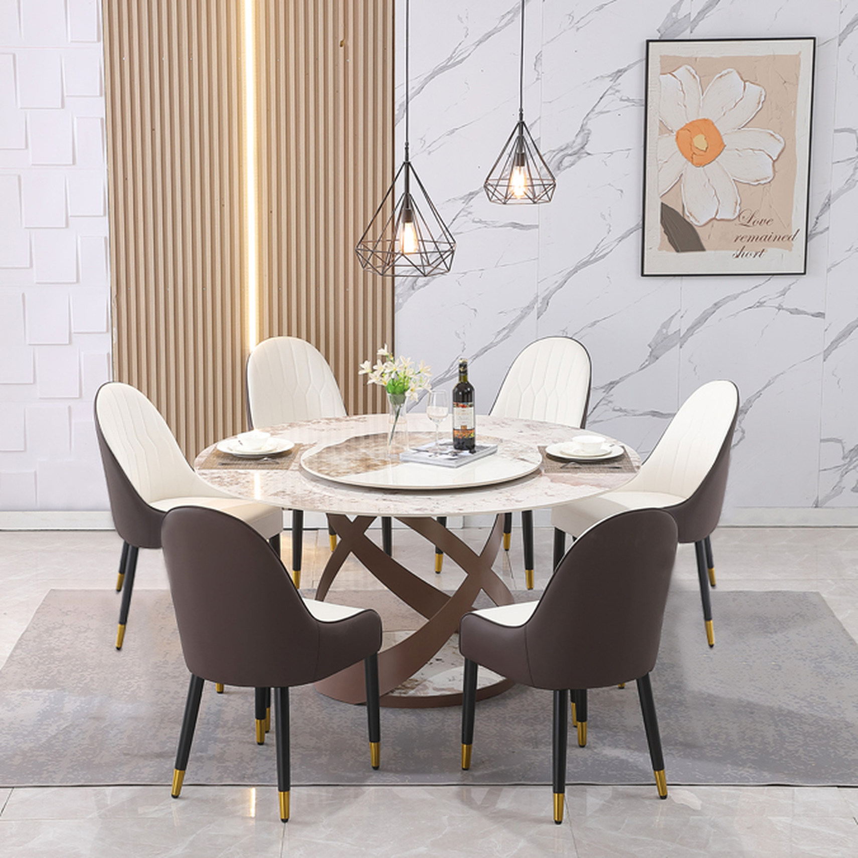 59" Round Dining Table Set with Sintered Stone Top, 6 Comfortable ...