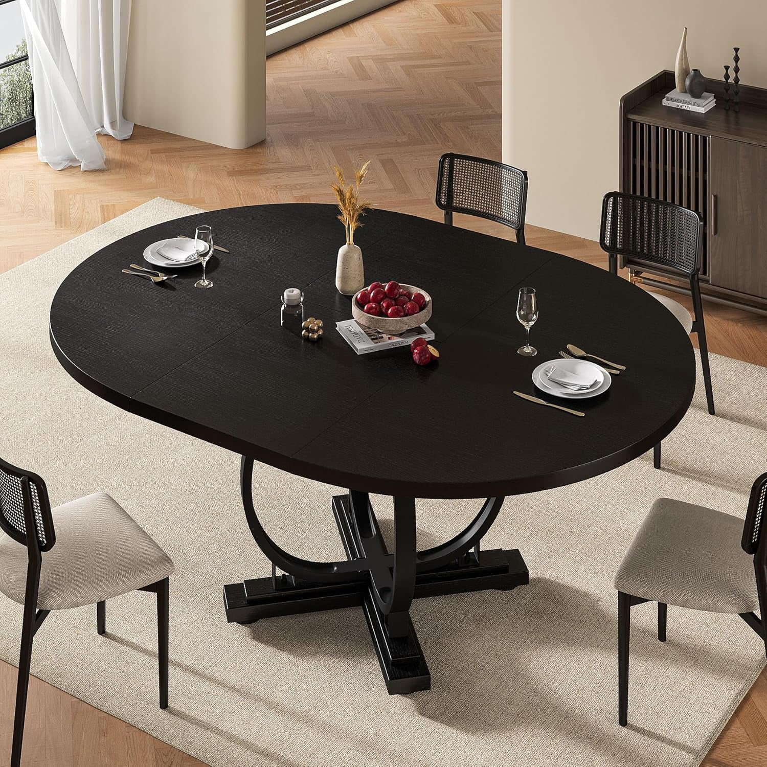 59" Round Extendable Dining Table for 4-6, Modern Oval Kitchen Table ...