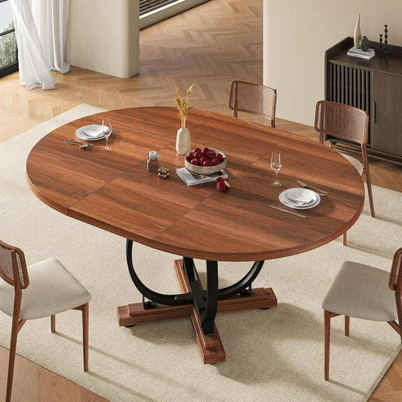 59" Round Extendable Dining Table for 4-6, Modern Oval Kitchen Table with Heavy Duty Curved Legs & Wood X-Based, MDF Board with Spring Buckle, Space Saving, Dining Kitchen Living Room, Walnut