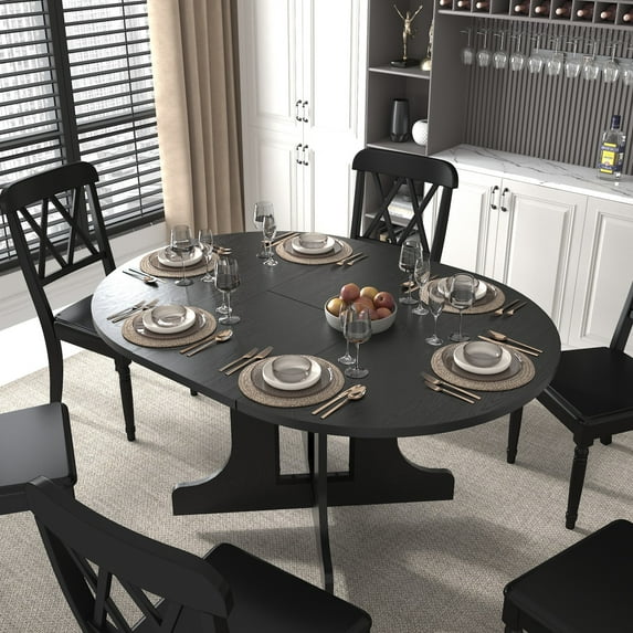 59" Round Extendable Dining Table with Removable Leaf , Farmhouse Wooden Kitchen Table with X Shaped Base, Space Saving Dinner Table for Small Space, Living Room, Black