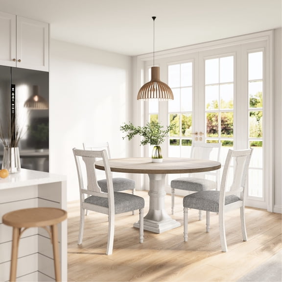 59" Round Gray Tabletop with White Pedestal Base / Ideal for Daily Meals and Special Occasions