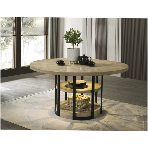 Rustic Oak Round Dining Table with LED Lights and Metal Base, 59 Inch