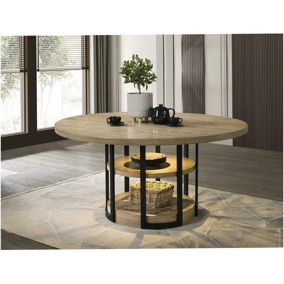 59" Round LED Light Oak Dining Table with Black Metal Frame and Storage Shelves