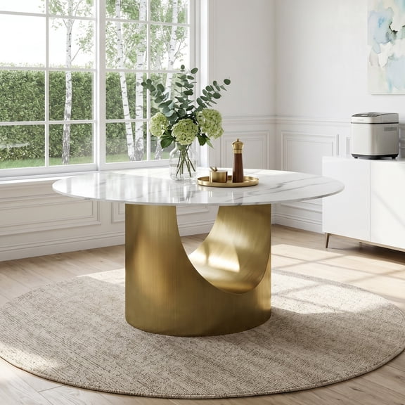 59" Round Marble Dining Table, 12mm Sintered Stone Top with Gold Sturdy Base, Modern Style for Kitchen, Living Room